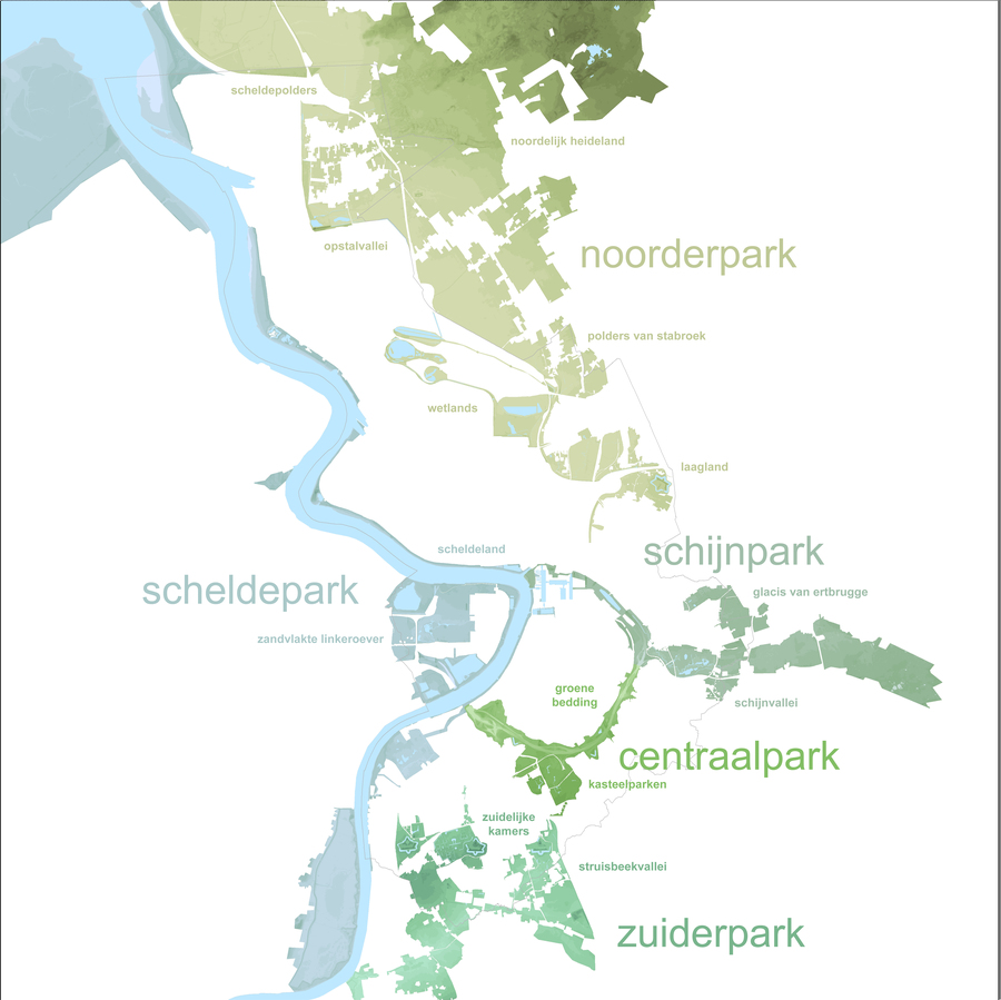 Synthesekaart van de vijf groenstructuren en veertien landschappen uit het Groenplan. Synthesekaart van de vijf groenstructuren en veertien landschappen uit het Groenplan.